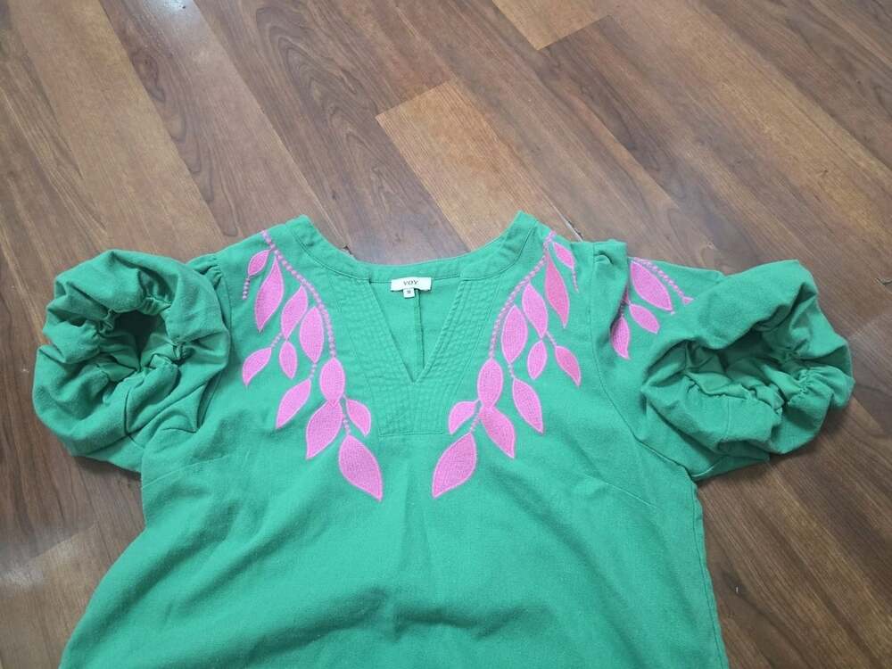 VOY Green Floral Lace V-NeckBoho Embroidered Puff Bubble Sleeve Cotton Linen Mix - Picture 4 of 15